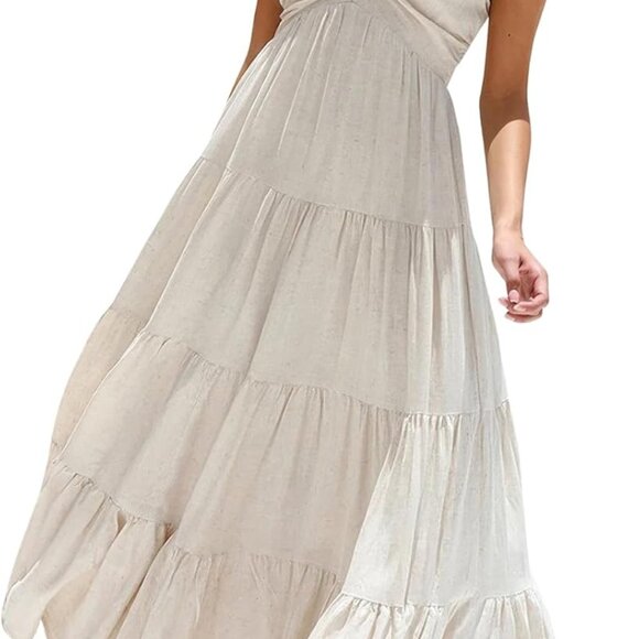 Dresses & Skirts - Women Flowy Maxi Dress Cotton Blend V Neck Ruffles Cap Sleeves Tiered